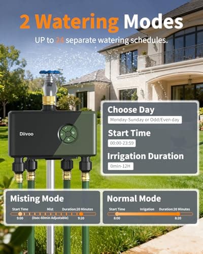 Diivoo 4 Zones WiFi Water Timer with Brass Inlet, Smart Sprinkler Hose Timer 4 Outlets Compatible with Alexa/Google Assistant, 24 Irrigation Plans, Rain Delay & Mist Mode for Garden Lawns