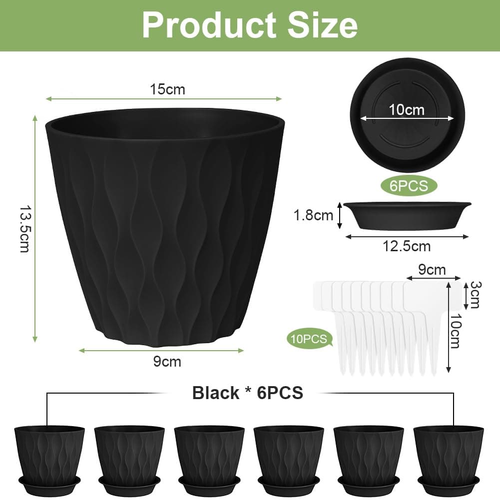 Macetero con Plato, 6pcs Maceta Redonda Clásica de Plástico con Agujeros de Drenaje, 13.5cm Altura x 15cm Diámetro Superior x 9cm Diámetro Base, Apto balcón, Patio, Interior/Exterior（Negro） — view 2