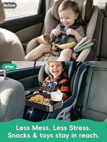 BBSDA Car Seat Cup Holder Snack Tray for Kids, Reduces Mess, Detachable Large Base & Adjustable Ring, Carseat Tray for Toddler, Car Seat Food Tray Eating Table for Kids Travel Road Trip Essentials — view 2