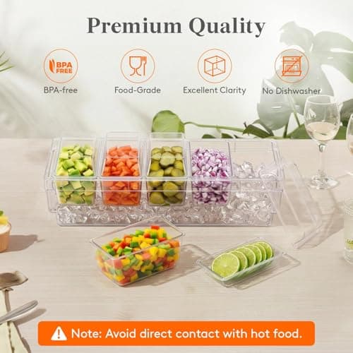 Lifewit Chilled Condiment Containers with Lids, Plastic Taco Bar Serving Set for Party with 5 Containers, Ice Garnish Tray for Mimosa Bar Supplies, Clear Serving Platter for Fruit, Salad, Snack — view 4