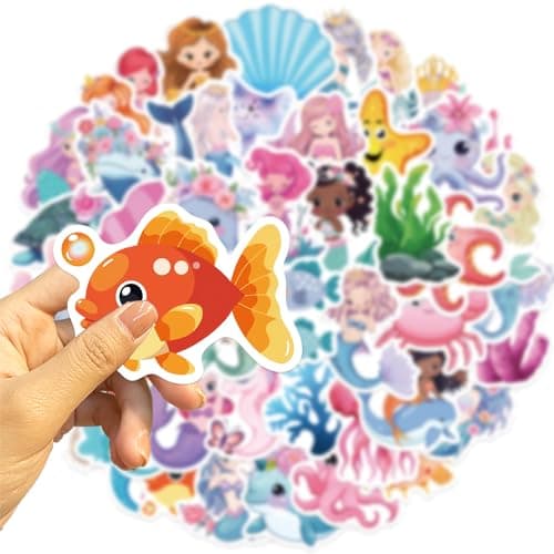 50Pcs Mermaid Sticker, Cute Marine Organism Stickers for Kids Teens Adults, Vinyl Cartoon Pink Animals Decals Kawaii Sticker for Decor Water Bottles Laptops Guitar Scrapbook (Mermaid) — view 3