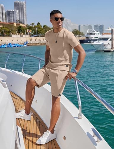 UOUA Mens Short Sets 2 Piece Summer Outfits Casual Short Sleeve Crew-Neck Shirts & Shorts Track Suit Jogging Loungewear, Khaki M