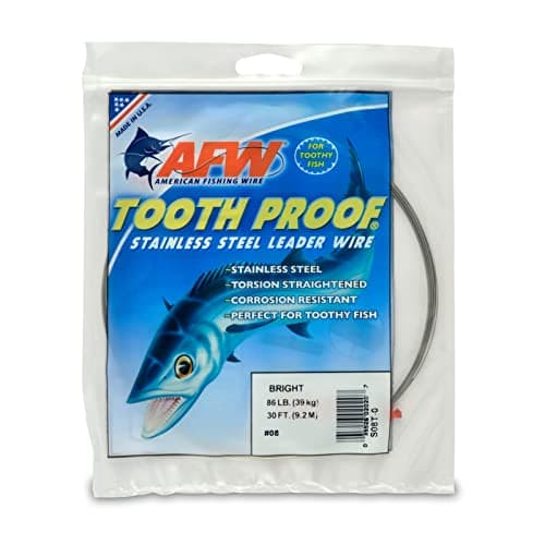 American Fishing Wire Tooth Proof Stainless Steel Single Strand Leader Wire, Size 8, Bright, 86 Pound Test, 30-Feet
