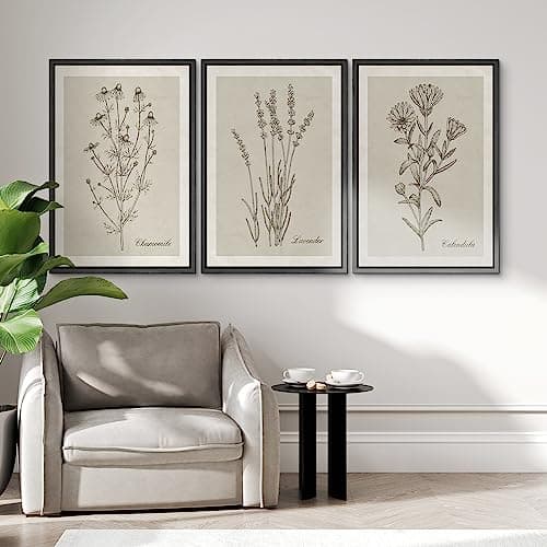 NWT Framed Canvas Print Wall Art Set Retro Vintage Antique Garden Wildflowers Nature Wilderness Illustrations Modern Art Decorative Minimalist Floral Botanical Flowers for Bedroom - 24"x36"x3 Black — view 3
