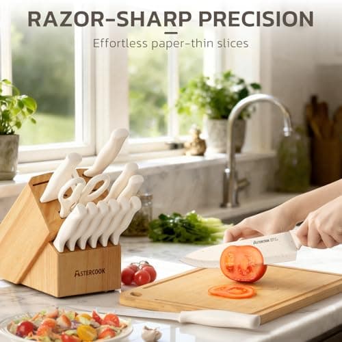 Astercook Knife Set, 15 Pieces Kitchen Knife Set with Sharpener Block, German Stainless Steel Knives with Anti-Rust Coating, Dishwasher Safe, Elegant Cream White Design, Perfect for Holiday Gifts — view 3