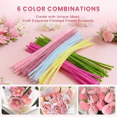 600 PCS Pipe Cleaners Craft, 6 Colors Pipe Cleaner Bulk Flower Kit, Chenille Stems Bulk with Floral Wires, Gardening Tape, Stamen, Wrapping Paper & Ribbon, DIY Art and Craft Supplies - Pink Gradient — view 3