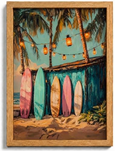 Framed Vintage Surfboard Canvas Wall Art,Coastal Painting Picture Wall Decor,Tropical Palm Tree Lantern Summer Poster Print Artwork,for Living Room Bedroom Bathroom Girls Room Home Decoration 8x10in