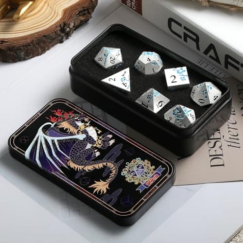 Silver Metal DND Dice Set, 7PCS D&D Metal Dice with Metal Case for Dungeons and Dragons, Shadowrun, Pathfinder, Savage World and Table Games (Glow in The Dark Blue) — view 7
