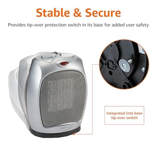 Amazon Basics Oscillating Ceramic Portable Indoor Space Heater, Fast Heating Technology, Overheat and Tip-Over Protection, Adjustable Thermostat, 1500W, 7.52"D x 6.34"W x 9.45"H, Silver — view 4