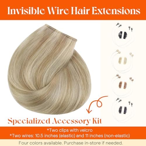 Sunny Hair Wire Hair Extensions for Women Straight Fish Line Human Hair Extensions Invisible Wire Extensions Easy to Apply Dark Ash Blonde Highlights Golden Blonde 18inch 85g — view 4
