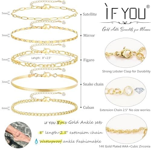 iF YOU Gold Ankle Bracelets for Women, 14k Gold Plated Waterproof Cuban Link Chain Anklets Set, Layered Anklet Bracelets for Women Beach Gift Adjustable Size 5pc — view 3