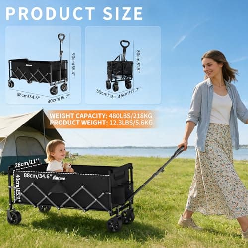 MarBreeze Extra Long Folding Wagon with Big All-Terrain Wheels, 480LBS Load Capacity Foldable Wagon, Portable Lightweight Utility Wagon for Camping, Grocery, Beach, Garden (Black) — view 2