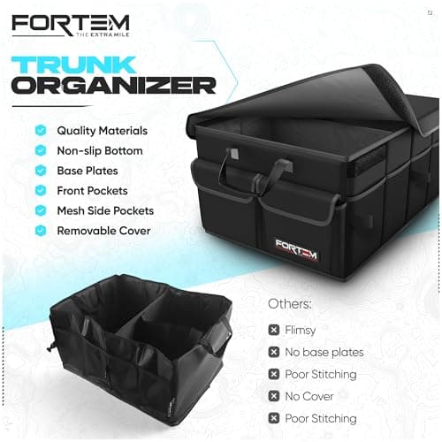 FORTEM Car Trunk Organizer, Collapsible Multi Compartment Car Organizer, Foldable SUV Storage for Car Accessories for Women Men, Soft Cover (Black) — view 6