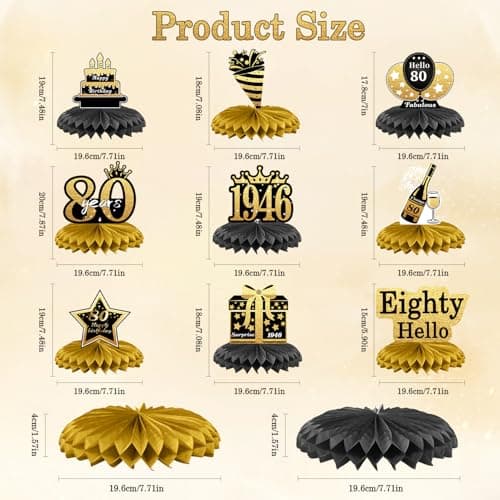 80th Birthday Decorations Set, 1946 Table Toppers for Women Men Birthday Party Supplies, Happy 80 Year Old Table Decoration for Grandpa Grandma, 9Pcs Black & Gold Honeycomb Centerpieces