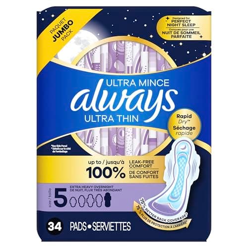 Always Ultra Thin Feminine Pads with Wings for Women, Size 5, Extra Heavy Overnight Absorbency, Unscented, 34 Count — view 8