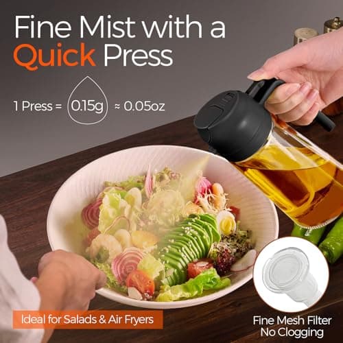 YARRAMATE 16oz/470ml Glass Olive Oil Sprayer for Cooking with Stickers, 2 in 1 Oil Dispenser for Kitchen Gadgets, Food Grade Premium Spray Bottle with Portion Control for Salad, Frying, BBQ (Black) — view 2