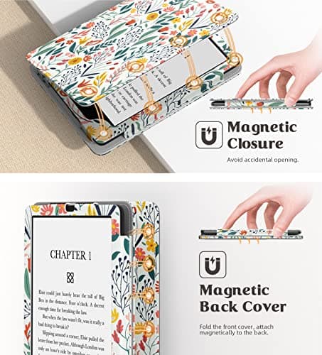 MoKo Case for 7"/6.8" Kindle Paperwhite(12th/11th Generation-2024/2021) and Kindle Colorsoft Signature Edition, Slim PU Shell Cover Case with Auto-Wake/Sleep for Kindle Paperwhite 2024, Flowers — view 5