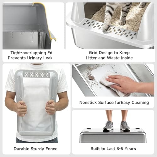 OneBug Stainless Steel XL Cat Litter Box for Cats, High-Sided Design Prevents Urine Leakage, Non-Stick, Easy to Clean, Includes Scoop, Gray — view 4