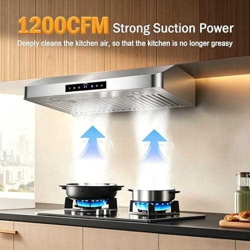 TAZPI 1200CFM Under Cabinet Range Hood 30 Inch, 4-Speed Gesture & Touch Control, Stove Vent Hood for Kitchen, 30'' Stainless Steel Kitchen Hoods with 2 LED Lights Standard