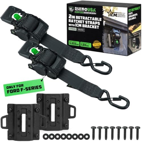 Ford Only – Rhino USA Integrated Cargo Magic Bed-Mounted Retractable Ratchet Straps (2PK) for Ford F150 (2015+) & F250 (2017+) – BoxLink Compatible, 360° Swivel, Heavy-Duty Tie Downs