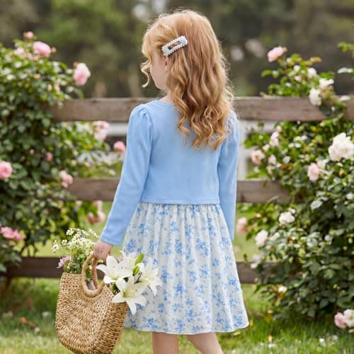 JiAmy Girl Dress and Cardigan 2Pcs Sets Toddler Summer Sleeveless Butterfly Floral Print A-line Dresses with Long Sleeve Coat Kids Casual Clothes for Girls 7-8 Years Blue — view 3