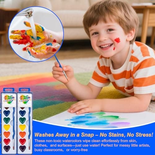 ARTLYMERS 2 Pack Water Color Paint Sets for Kids, 8 Colors Heart Watercolor Paint Set with Paintbrush Washable, Valentines Gifts Art Supplies for Preschool Classroom Party Favor Prizes Exchange — view 5