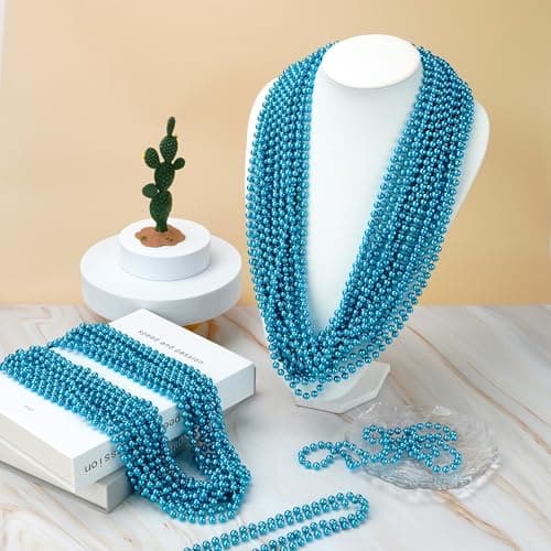 SHAOQINLIN 12 PCS Teal Bead Necklace, Teal Mardi Gras Beads Turquoise Party Beads Necklace Bulk Round Beaded Necklaces for Mardi Gras, Christmas, School Spirit Day Party Favors — view 5