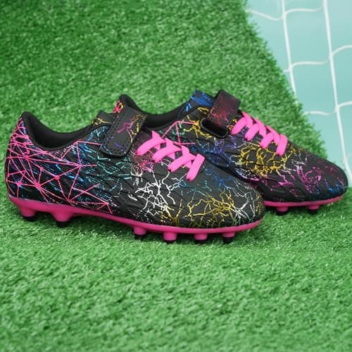brooman Kids Firm Ground Soccer Cleats Girls Football Cleats with Shin Guards and Soccer Socks (8 CA,Black Fuchsia) — view 2