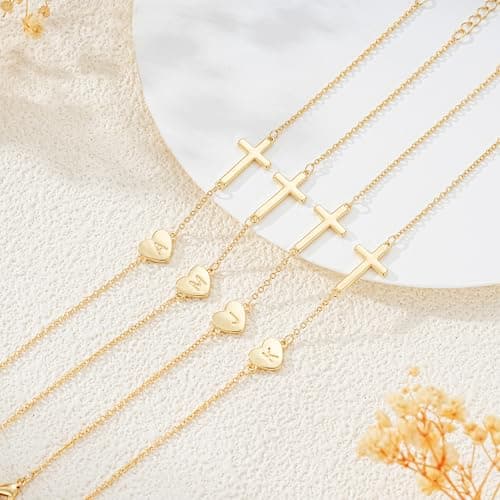 Lunvky 14k Gold Plated Initial Cross Bracelets for Women, Silver Dainty Cute Heart Name Letter Bracelet for Teen Trendy Stuff Confirmation Religious Christian Jewelry Birthday Jesus Gifts — view 4