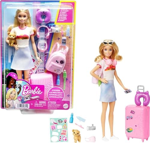 Barbie Doll & Accessories, Travel Set with Puppy and 10+ Pieces, Suitcase Opens & Closes, Barbie 'Malibu' with Blonde Hair