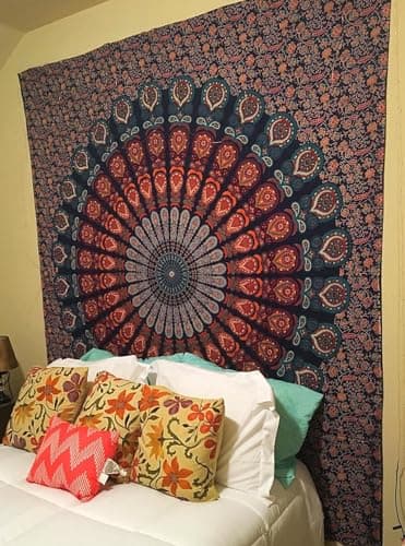 Bless International Handmade Indian hippie Bohemian Psychedelic Peacock Mandala Wall hanging College Dorm Beach Throws Table Cloth Bedding Tapestry (Golden Blue, Twin(54x72Inches)(140x185cms)) — view 3