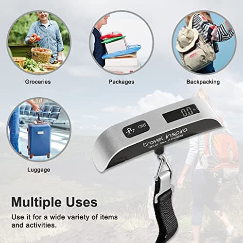 travel inspira Luggage Scale, Portable Digital Hanging Baggage Scale for Travel, Suitcase Weight Scale with Rubber Paint, 110 Pounds, Battery Included - Silver — view 6