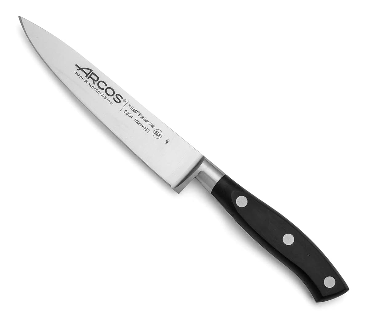 Arcos Cuchillo Chef Forjado Acero Inoxidable. Cuchillo Cocina Profesional Multiusos para Cortar Carne y Verduras. Mango Ergonómico Polioximetileno y Hoja 150mm. Serie Riviera. Color Negro.