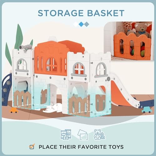 Qaba Toddler Slide, 9 in 1 Slide for Kids with Basketball Hoop, Climber, Telescope, Tunnel, Steering Wheel, Aisle, Storage Baskets, Indoor Slide Playset for 1-3 Years, Orange — view 5