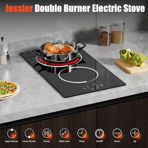 Jessier Electric Cooktop 12 Inch - 2 Burner Countertop & Built-in Ceramic Cooktop, Electric Stove Top with Glass Protection Metal Frame, 9 Heating Level, 3000W, 220-240V Hard Wire(No Plug) — view 2