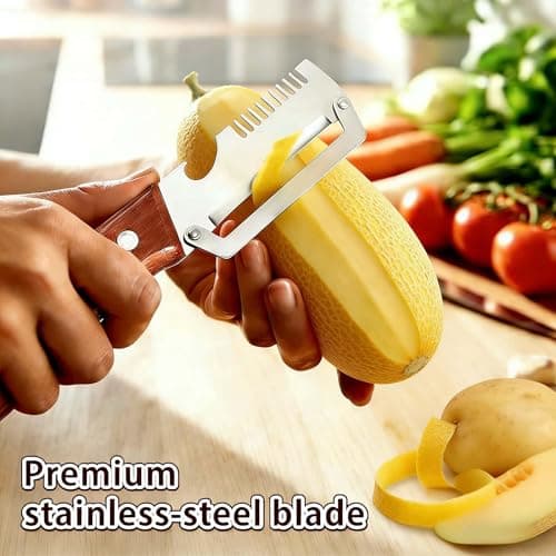 3 in 1 Multi Functional Vegetable Peeler for Kitchen, with Bottle Opener, Cutter Shred and Ergonomic Wood Handle - Effortlessly Peel Potato, Apple, Pineapple, Carrot (2 PCs) — view 4