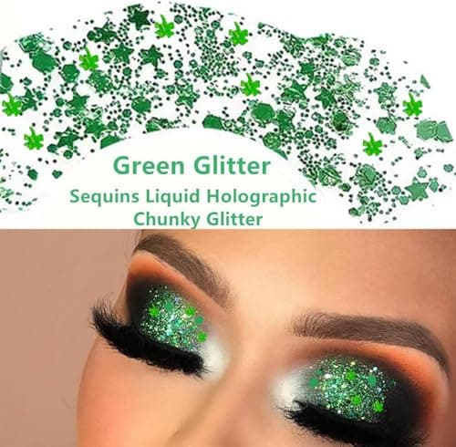 Go Ho Shamrock Face Body Glitter,St Patricks Day Hair Glitter Makeup,Self Adhesive Holographic Green Chunky Sequins Glitters,Irish Festival Four Leaf Clover Green Accessories — view 4