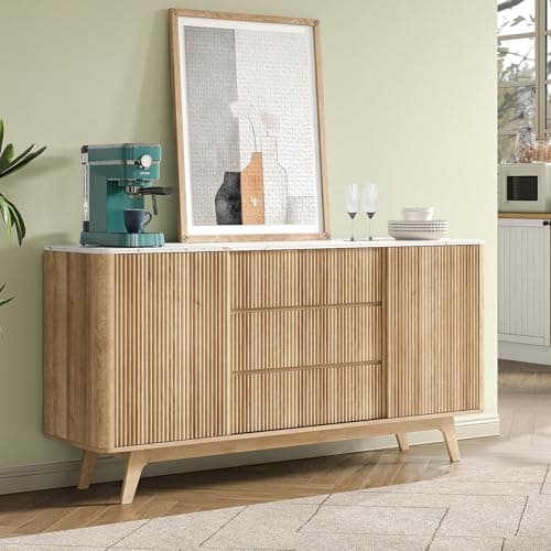 62" W Fluted Buffet Cabinet with Sliding Doors, Modern Sideboard Storage Cabinet with Power Outlet & 3 Drawers, Mid-Century Coffee Bar Table for Living Room, Dinning Room, Natural — view 2