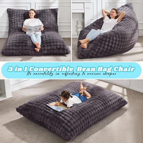 Hobestluk 3 in 1 Bean Bag Chair Giant Bean Bag Chairs for Adults with Bubble Cover Convertible Bean Bag Floor Cushion with Machine Washable Cover for Living Room (Bubble Dark Grey) — view 2