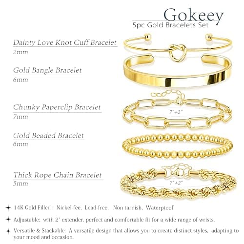 Gokeey Gold Cuff Bracelets for Women Trendy Waterproof, 14K Gold Plated Chunky Gold Bangles Beaded Bracelet for Women Fashion Accessories, Stackable Rope Forever Love Knot Infinity Paperclip Cuban Twist Bracelets Stack Set Bold Vintage Statement Jewelry — view 2