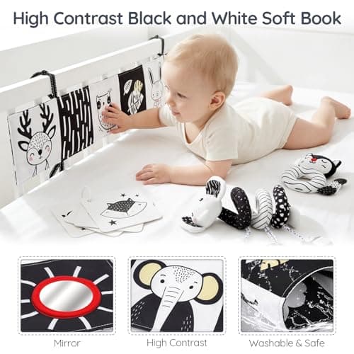 Joyreal High Contrast Baby Toys for Newborn, Black and White Baby Sensory Toys with Car Seat Toys,Infant Toys with Black White Cards Book, Montessori Toys for Baby Gifts (Elephant Theme) — view 2