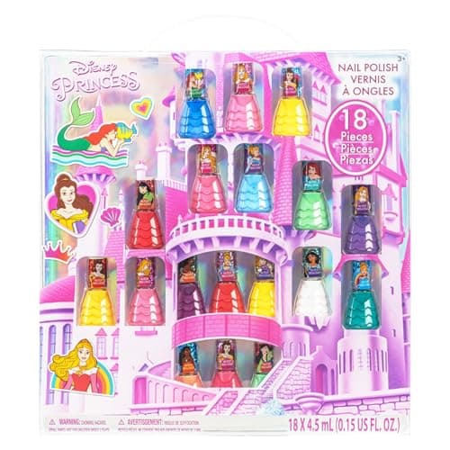 Disney Princess Castle Bottle Peel-Off Water-Based Safe Quick Dry Nail Polish |Gift Kit Set for Kids Tweens Girls, Glittery and Opaque Colors| Ages 3+ (18 Pcs) by Townley Girl