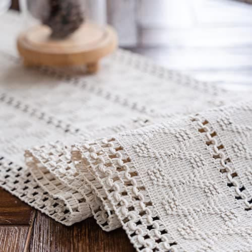 Alynsehom Macrame Table Runner Cream Beige Boho Table Runners with Tassels Hand Woven Cotton Table Runner Rustic Farmhouse Table Runners for Bohemian Kitchen Dining Table(12x108in) — view 4