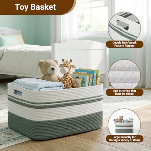 HOBASKET 75L Large Blanket Basket, 22"x17"x12"Rectangle Cotton Rope Woven Storage Basket with Handles, Laundry Hamper for Living Room, Nursery, Bedroom - Chemical-Free, Kid & Pet Safe - Sage Green — view 4