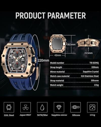 TSAR BOMBA Men's Luxury Quartz Watch, Luminous Dial 5ATM Water Resistance Silicone Strap Men's Wristwatch Ideal Gift for MenBlue Gold — view 5