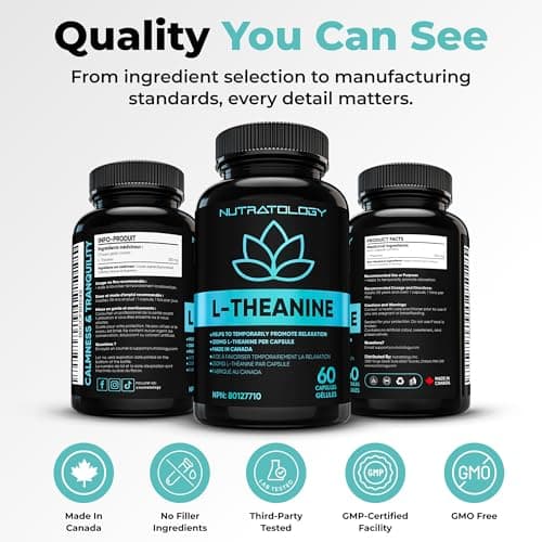Nutratology® L-Theanine 250MG Capsules | Canadian-Made | For Stress Management | Promotes Relaxation & Calmness Without Drowsiness - L-Theanine Supplement for Stress Relief | 60 Capsules — view 7