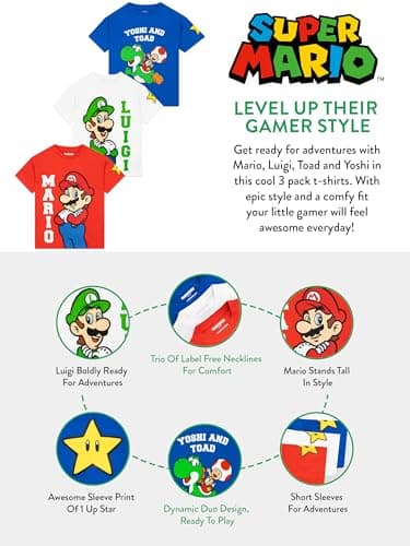 Super Mario Boys T-Shirt 3 Pack, Short Sleeve Mario, Luigi and Yoshi Summer Tops, Cotton Clothes for Boys 6 — view 6