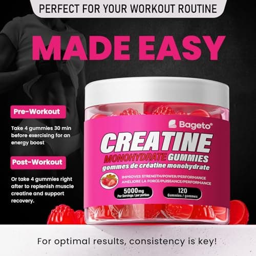 Creatine Monohydrate Gummies 5000mg for Men & Women, Gomitas de Creatina 5g Creatine Monohydrate, 0g Sugar Creatine Pre-Workout for Muscle Strength, Vegan, 120 Count Strawberry (Pack of 1) — view 5