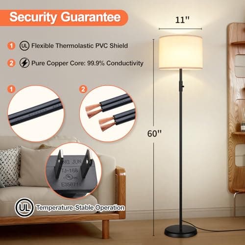 【Upgraded】 Dimmable Floor Lamp for Living Room,1000 Lumens Bulb Included, Modern Floor Lamps Simple Design with Linen Shade, Tall Standing Lamp for Bedroom Office Dining Room, Black Pole Lamp — view 5