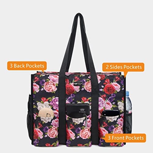 TOPDesign Utility Water Resistant Tote Bag with 13 Pockets, Top Zipper Closure & Thick Bottom Support, for Working Women, Ranunculus, Large, Classic — view 2